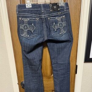 Miss Me Blue Boot Cut Jeans with Decorative Cross Stitching